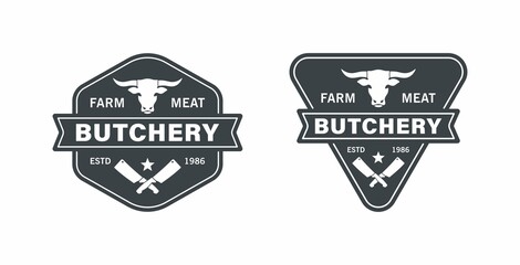 Obraz premium Set of black and white illustrations of bull head, crossed knives, star and text on white background.Vector illustration for logo, emblem, sticker.Logo butcher shop, slaughterhouse, farm.