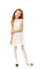 Fototapeta premium Full Body Length Portrait of Beautiful Girl in White Lace Dress