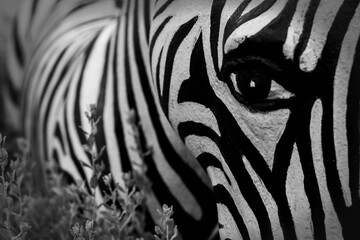 Fototapeta na wymiar Closeup of Zebra Eye statue in a park Black and white photography