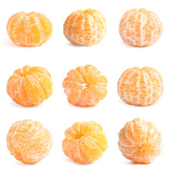 Set of peeled fresh tangerines on white background