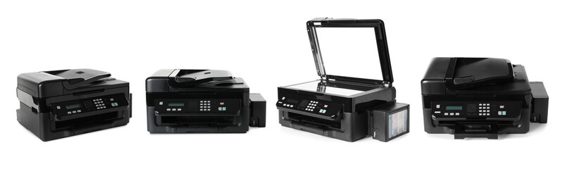 Modern multifunction printer on white background, views from different sides. Banner design