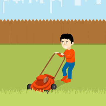 Vector Illustration Of A Boy Cutting Grass With Lawn Mower Isolated On White Background. Cute Kid Doing Garden Work. Spring Gardening Activity Picture With Funny Character