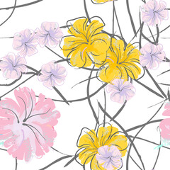 Pink Flowers Blooming Pattern. Pastel Watercolor.