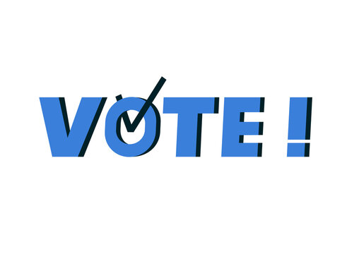Election day, voting poster, banner design. Vote word with check mark symbol inside. Political election campaign. Debate of president voting. Flyer vector blue logo.