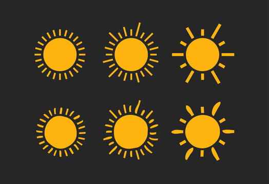 Sun vector icon set in doodle and flat cartoon style isolated, hot weather or heat suns drawn symbols isolated pictograms on dark background