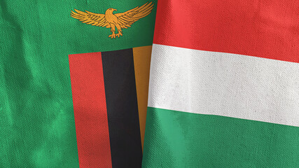 Hungary and Zambia two flags textile cloth 3D rendering