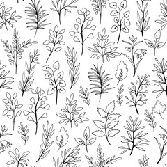 Seamless pattern with hand-drawn branches and flowers