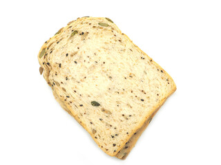Fresh homemade slice of whole wheat bread isolated on a white background..Top view..