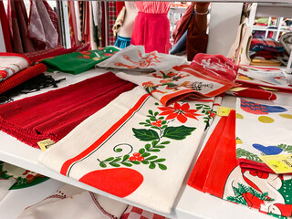 Christmas tablecloths for sale in a swedish second hand shop.