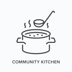 Canteen flat line icon. Vector outline illustration of community kitchen, food charity. Soup in saucepan with steam and ladle thin linear logo