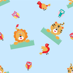 Vector seamless pattern with cute lion and tiger. Creative vector childish background for fabric, textile, nursery wallpaper, poster, card, brochure. Vector illustration background.