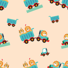 Fototapeta premium Vector seamless pattern with cute lion and tiger. Creative vector childish background for fabric, textile, nursery wallpaper, poster, card, brochure. Vector illustration background.