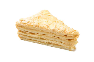 Piece of delicious Napoleon cake isolated on white background