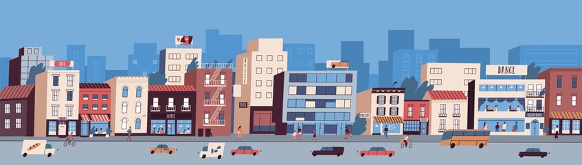 Colorful cityscape with buildings facades, transport on the road and people walking on the street. Urban skyline. Busy downtown area. Vector illustration in flat cartoon style