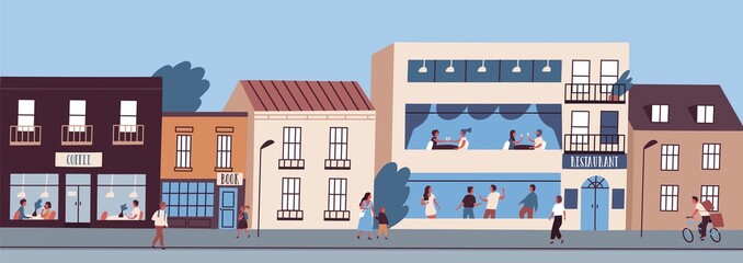 City street panorama with people walking, cycling and spending time in cafe and restaurant. Urban downtown area landscape with buildings facades. Vector illustration in flat cartoon style