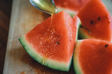 Bright red fresh watermelon slices top view.