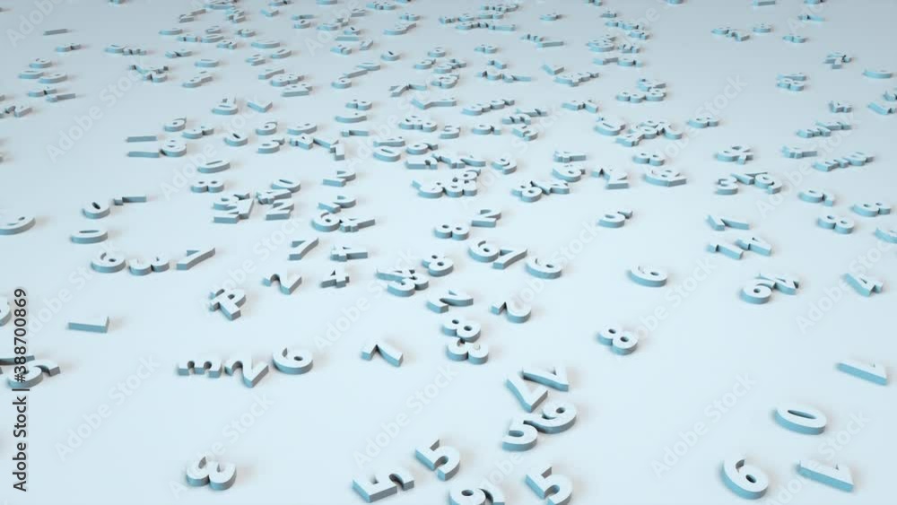 Poster randomly scattered numbers on a flat surface, computer generated. 3d rendering of abstract backdrop