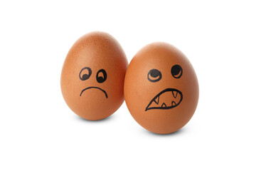 Boiled eggs with funny faces isolated on white background
