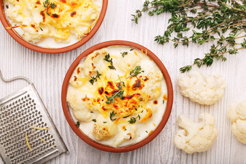 Cauliflower casserole with sauce cheese, top view