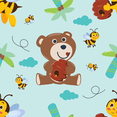 Obraz na płótnie Canvas Vector seamless pattern with cute bear and bees. Creative vector childish background for fabric, textile, nursery wallpaper, poster, card, brochure. Vector illustration background.