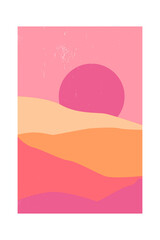 Naklejka na ściany i meble Abstract contemporary mountain landscape or desert at sunset. The sun is on the horizon in shades of pink sand. Minimal trendy mid-century background. Organic shape. Boho wall decor. 