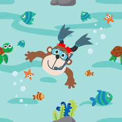 Fototapeta na wymiar Vector seamless pattern with cute diving monkey. Creative vector childish background for fabric, textile, nursery wallpaper, poster, card, brochure. Vector illustration background.