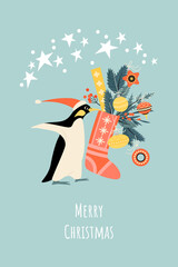 Christmas card with funny penguin in Santa hat and sock with gifts and decorations