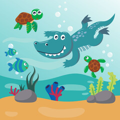 Fototapeta na wymiar Diving with funny aligator and turtle with cartoon style. Creative vector childish background for fabric, textile, nursery wallpaper, poster, card, brochure. vector illustration background.