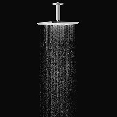 Metal shower with water on on a black background. 3d rendering