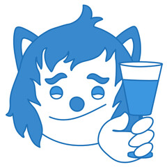 drunk smiling wolf holds a wine glass of champagne or other alcohol in his hand, simplistic facial expression vector illustration, cartoon character