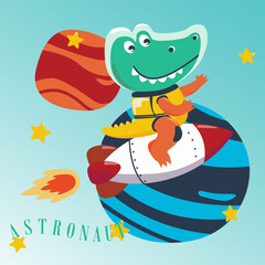 Cute little aligator Astronaut in space wearing space suits with cartoon style. Creative vector childish background for fabric, textile, nursery wallpaper, poster, card, brochure. vector illustration.