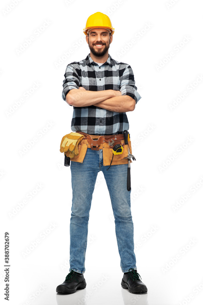 Wall mural profession, construction and building - happy smiling male worker or builder in helmet with crossed 