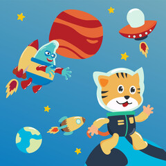 Cute little cat Astronaut in space wearing space suits with cartoon style. Creative vector childish background for fabric, textile, nursery wallpaper, poster, card, brochure. vector illustration.