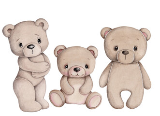 Cute cartoon teddy bear. Watercolor hand drawn sketch, illustration, icon. Isolated on white background. 