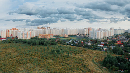 Fototapeta na wymiar Photo shooting from a drone. Stormy sky over the city. Aerial photo shoot the landscape