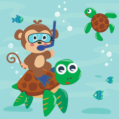 Obraz premium Diving with funny monkey and turtle with cartoon style. Creative vector childish background for fabric, textile, nursery wallpaper, poster, card, brochure. vector illustration background.