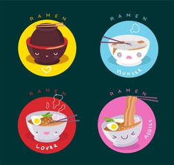 cute character ramen lover badge vector