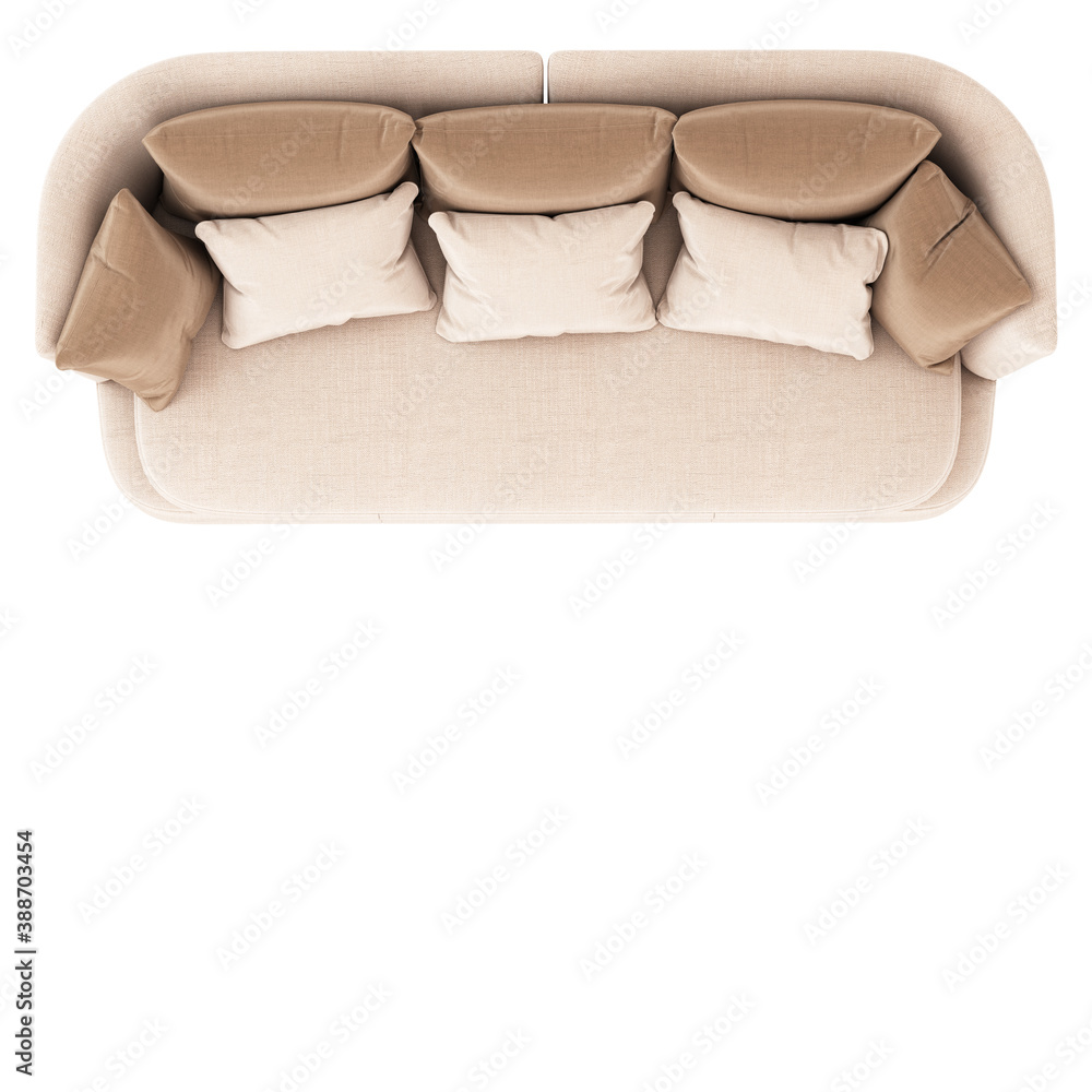 Poster soft sofa with pillows top view on a white background. 3d rendering