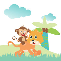 Obraz na płótnie Canvas Cute kitty cat and monkey running in the junggle with cartoon style. Creative vector childish background for fabric, textile, nursery wallpaper, poster, card, brochure. vector illustration background.