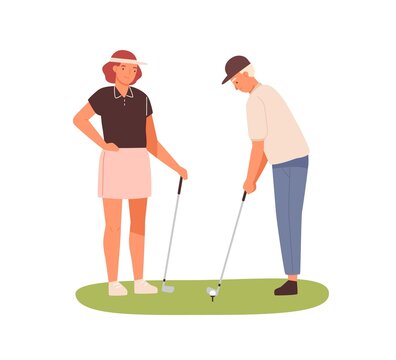 Couple of adults playing golf together. Woman in cap visor holding golf club and man aiming. Summer sport outdoor game. Flat vector cartoon illustration isolated on white