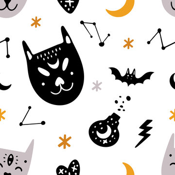 Halloween seamless pattern design with bat, potion, stars and black cat.