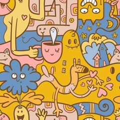 Seamless surreal pattern with cute cartoon monsters on  colorful background. Wallpapers with various creatures. Print with funny doodle snakes and dragons.