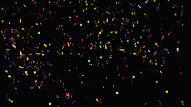many colorful rainbow confetti sparkle abstract texture overlays glitter golden particles on black.