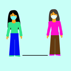 
The space for the safety of people should be at a distance of 2 meters from each other. Girls in medical masks for the prevention of coronavirus keep social distance. Modern flat design style.