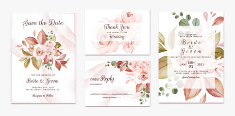 Wedding invitation template set with brown and peach dried floral and leaves decoration. Botanic card design concept
