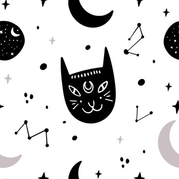 Halloween seamless pattern design with bat, potion, stars and black cat. Great for fabric, wrapping paper. Aztec stile, tribal art, ethnic collection, design isolated on white background.