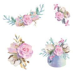 Set of watercolor compositions with flowers: rose, cotton and other. They can be used to create greeting cards and invitations.