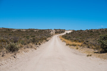 Beautiful example of the empty street and the desert in north Patagonia region of Valdes district in Puerto Madryn, Argentina. Typical patagonian ranch and farm life in South America.