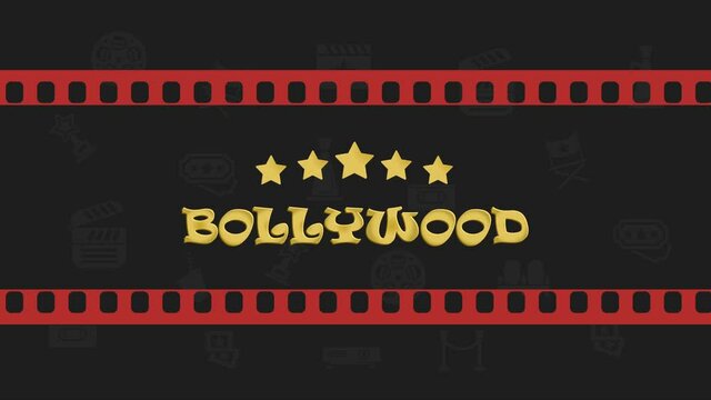 Bollywood Cinema logo icon with film strip and star elements. Abstract golden design template animation. Available in 4K FullHD and HD video