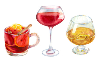Christmas, partys bar. Birthday drink. Watercolor isoladet. Alcohol. Mulled red wine. Glass.